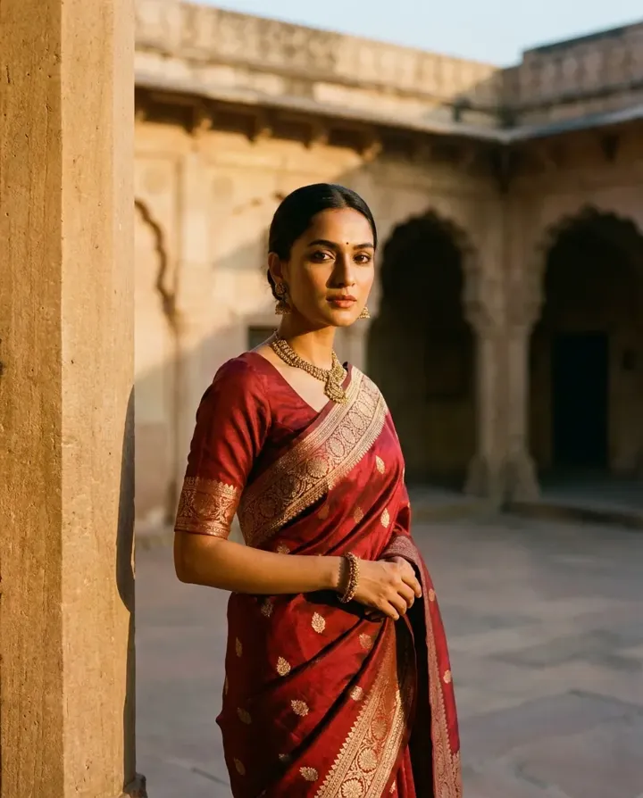 Heritage Red Saree Courtyard AI generated example